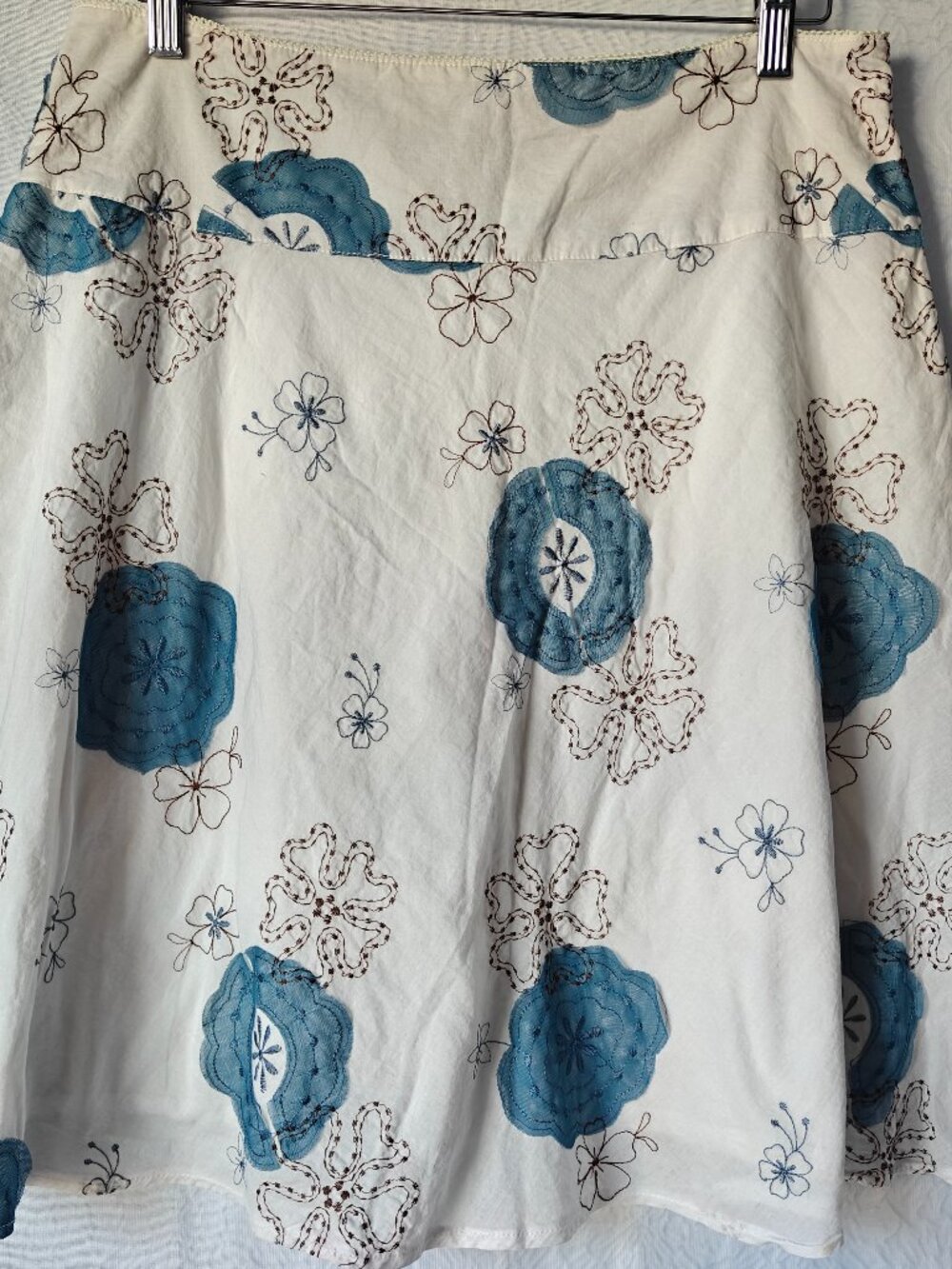 TRIBAL 100% Cotton A-line Midi Embroidered Skirt Size 10 White Blue